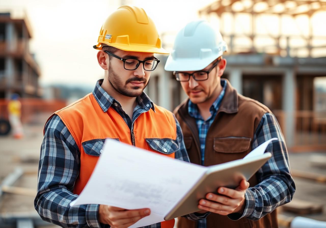 Engineers reviewing plans on site